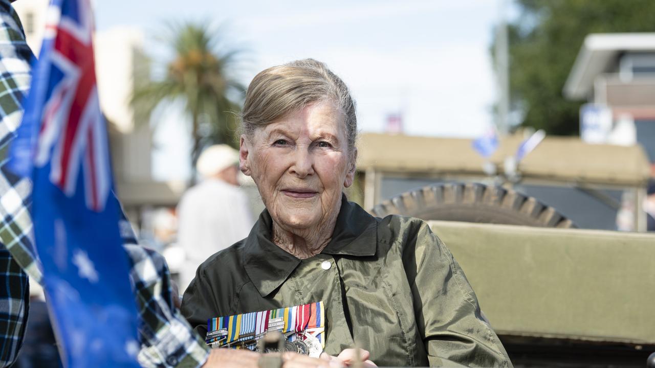 Jean Dellit in a Jeep for Toowoomba's Anzac Day mid-morning march to the Mothers' Memorial, Thursday, April 25, 2024. Picture: Kevin Farmer