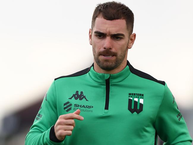 MELBOURNE, AUSTRALIA - FEBRUARY 15: Ben Garuccio of Western United warms up prior to the round 19 A-League Men match between Western United and Auckland FC at Ironbark Fields on February 15, 2025 in Melbourne, Australia. (Photo by Graham Denholm/Getty Images)