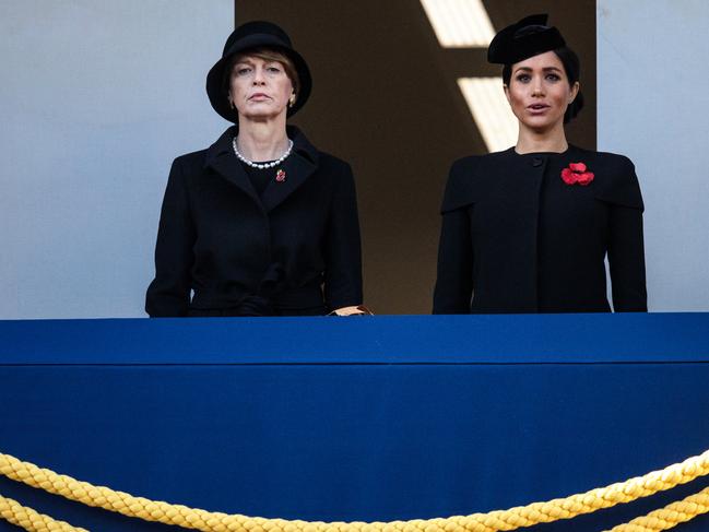 German First Lady Elke Budenbender and Meghan, Duchess of Sussex look on. Picture: Getty Images