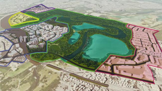 Concept designs of The Mill at Moreton Bay, showing the various districts including the Central (blue), Innovation (yellow), Urban (red), Transit (purple) and Green (green) areas.