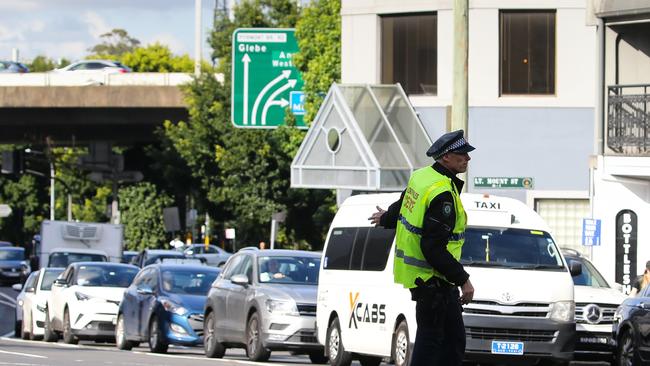 Police have been called in to avoid commuter chaos on Pyrmont Bridge Rd in Sydney. Picture: NCA NewsWire / Gaye Gerard