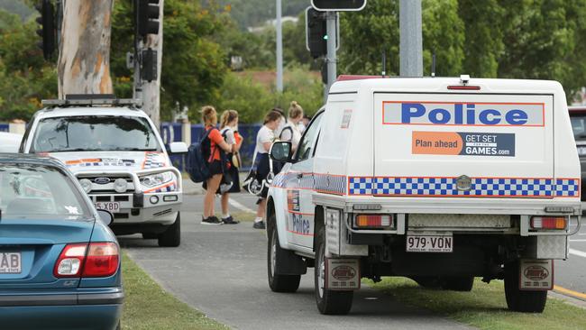 Students at St Stephens College in Coomera after seven students were rushed to hospital after a drug overdose. Picture Glenn Hampson