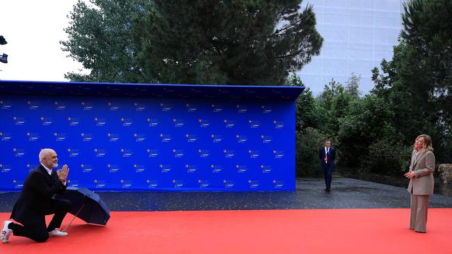Albania’s prime minister Edi Rama praised Meloni on the red carpet at the EU summit in Tirana. Picture: Adnan Beci / AFP