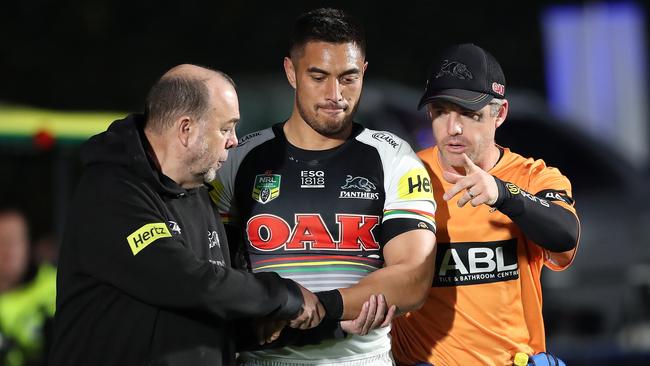 Dean Whare comes off with a broken arm.