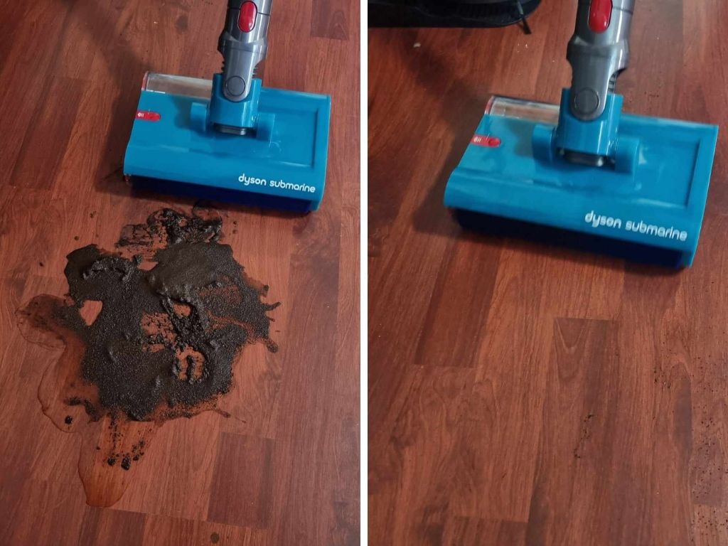 Before (left) and after (right) cleaning a coffee spill and a grounded coffee puck. Pictures: news.com.au/Tahnee-Jae Lopez-Vito.