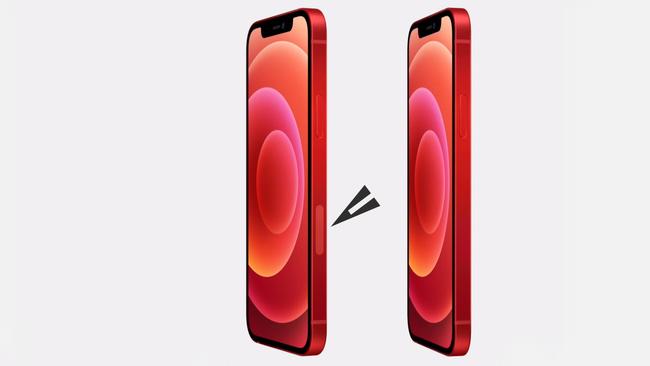 The 5G mmWave antenna window appears on iPhone 12 models on Apple's US website (left) but is missing from iPhone 12s displayed on Apple's Australian website (right).