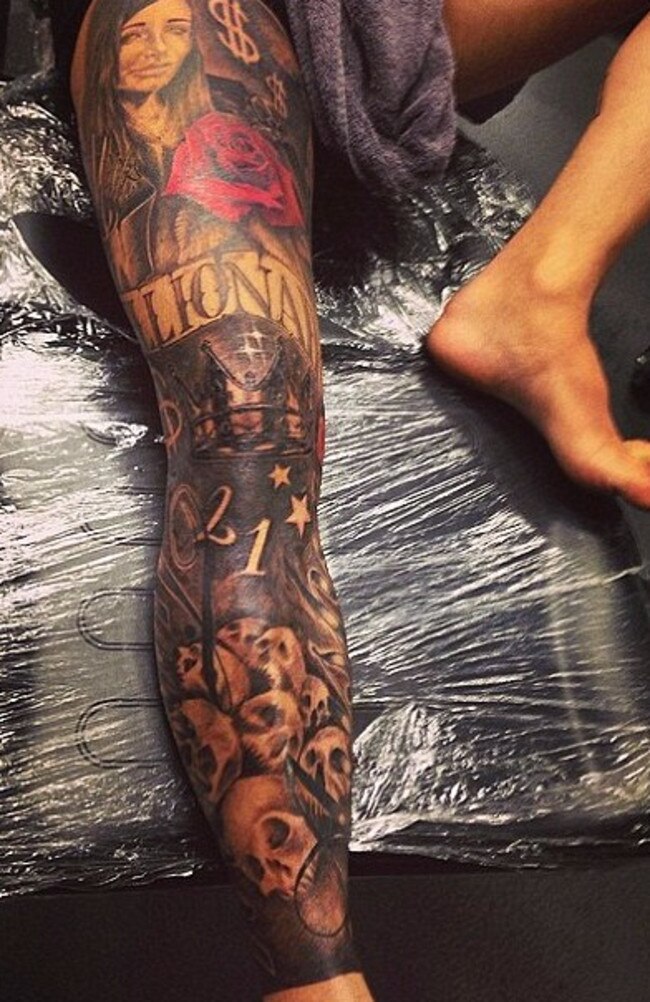 Leg with the tattoo of woman resembling Aysha Mehajer, skulls, a rose and dollar signs. Picture: Bondi Ink.