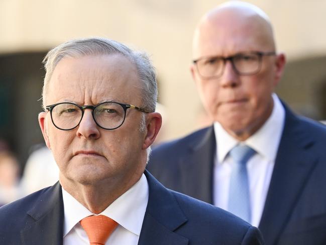 CANBERRA, AUSTRALIA  - NewsWire Photos - February 3, 2025:  Prime Minister Anthony Albanese and Leader of the Opposition Peter Dutton during the last post ceremony at the Australian War Memorial in Canberra. Picture: NewsWire / Martin Ollman