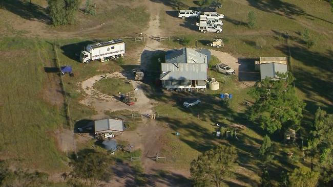 Aerial vision of the crime scene at Wieambilla on December 14, 2022, following the deaths of Constable Rachel McCrow, Constable Matthew Arnold, neighbour Alan Dare and killing trio Nathaniel Train, Gareth Train and Stacey Train. Source: 9 News