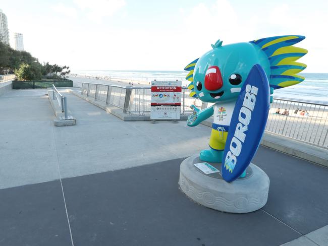 Borobi toughs things out alone on the beachfront in Surfers Paradise. Picture: Lyndon Mechielsen/The Australian.