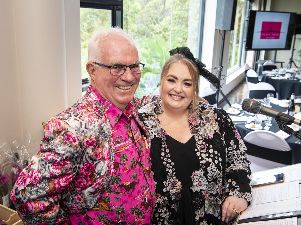 Greg Johnson with fellow MC Kim Stokes at the Melbourne Cup luncheon hosted by Rotary Club of Toowoomba City raising funds for Protea Place, Tuesday, November 1, 2022. Picture: Kevin Farmer