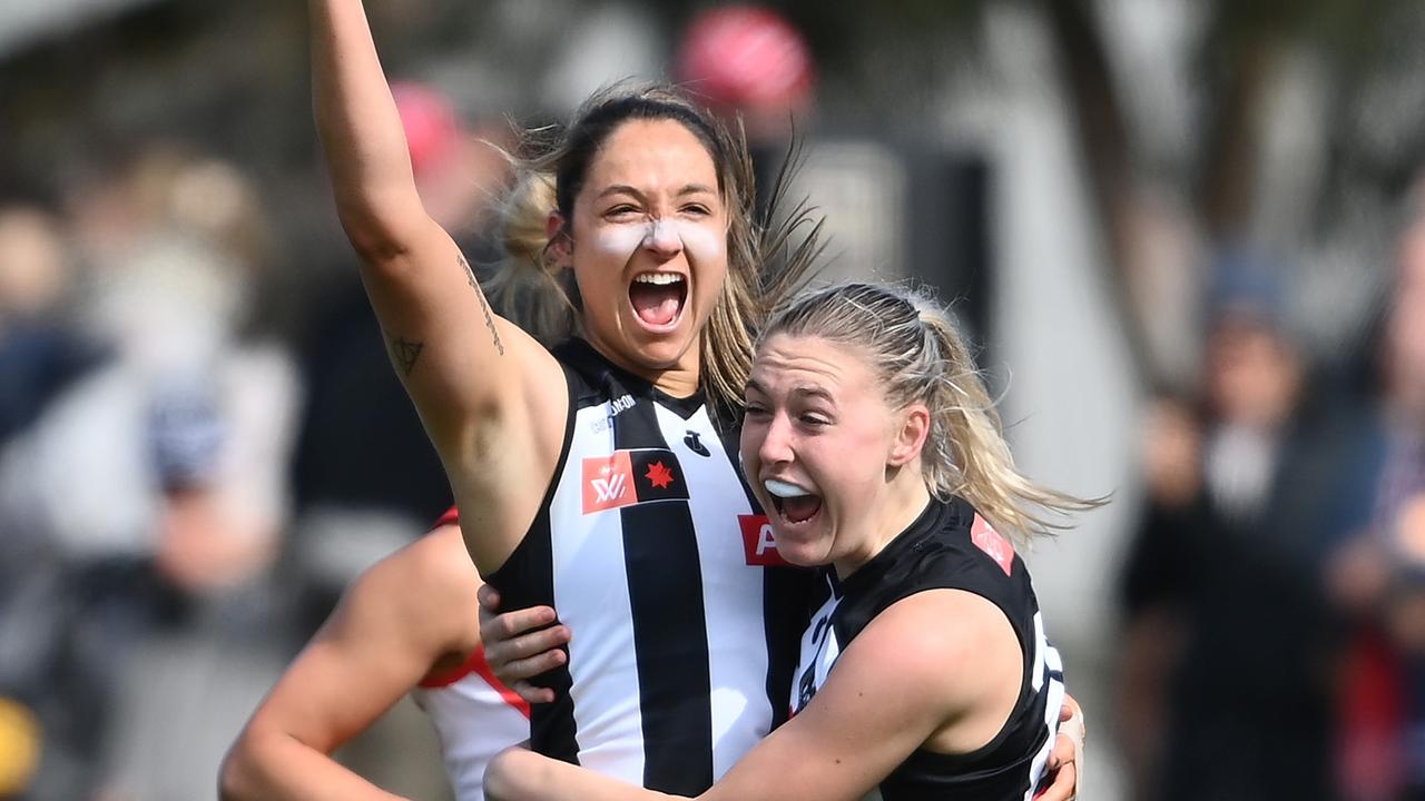 Jordan Membrey celebrates a goal for the Magpies. Picture: Quinn Rooney/Getty Images