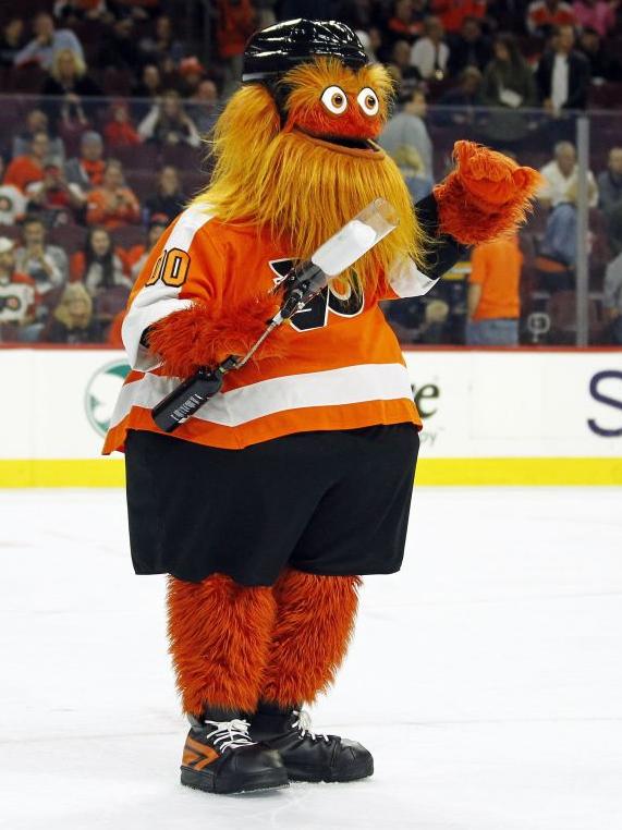 The Flyers’ mascot, Gritty, takes to the ice. Picture: AP