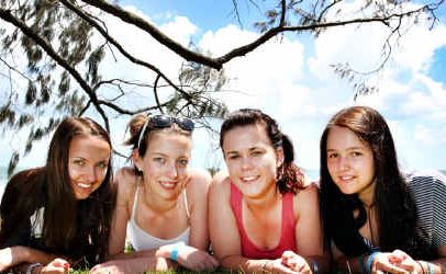 Schoolies from Warwick – Emerald Beamish, Hannah Cuskelly, Corinda Ferguson and Jessica Lucas, all 17, enjoyed their time on the Sunshine Coast. Picture: Nicholas Falconer