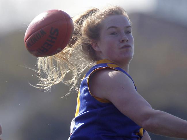 VFL Women's footy: VU Western Spurs V Cranbourne at the Whitten Oval. Alexandra Dockery for Western Spurs and Breann Moody for Cranbourne Picture: Richard Serong