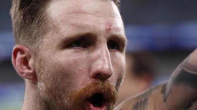 Zach Tuohy leaves the ground with a mark on forehead. Picture: Getty Images