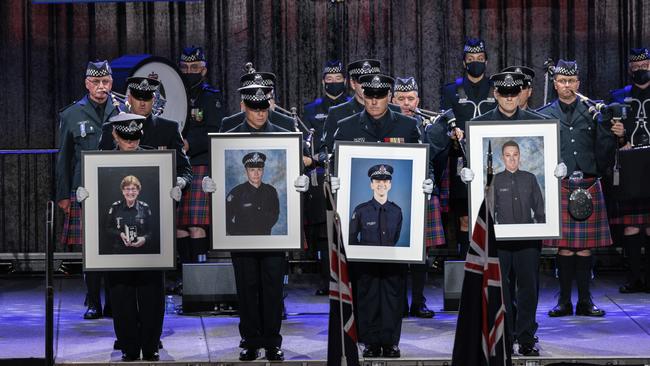 Leading Senior Constable Lynette Taylor, Senior Constable Kevin King, Constable Josh Prestney and Constable Glen Humphris lost their lives in the Eastern Freeway tragedy. Picture: David Geraghty