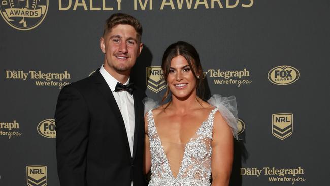 Zac Lomax and Jessica Sergis on the red carpet of the 2019 Dally M Awards at the Hordern Pavilion, Moore Park. Picture: Jonathan Ng