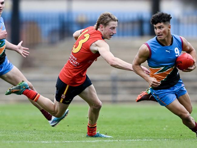 Jake Rogers of the Allies competes with Luca Slade of South Australia during the 2023 AFL National Championships match between South Australia and the Allies at Thebarton Oval on June 04, 2023 in Adelaide, Australia. Picture: Mark Brake/AFL Photos/via Getty Images.