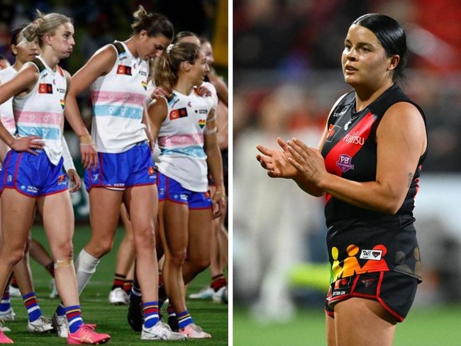 The Dogs and Bombers react after the heavy loss. Photos: Getty Images