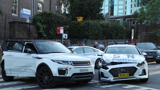 The Range Rover Rhys Evans was driving to get away from police, collided with police cars at Chatswood. Picture John Grainger