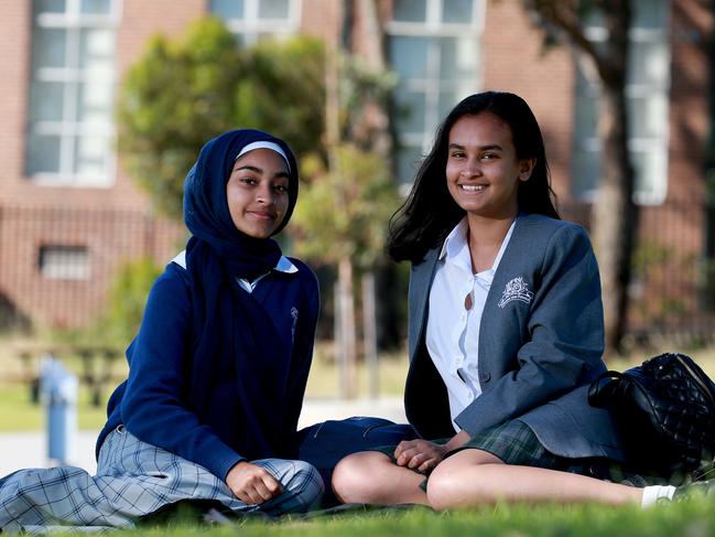 Aisheeya Huq, 16, (right) and Rifah Ahmed, 16, from Auburn Girls High School, plan to attend the climate change protest. Picture: Toby Zerna