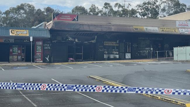 Queensland fireys called to suspicious fire at Ashmore Shopping Plaza. Several businesses were damaged including Ashmore Seafood and Takeaway, Ashmore Loan Office which were completely destroyed.