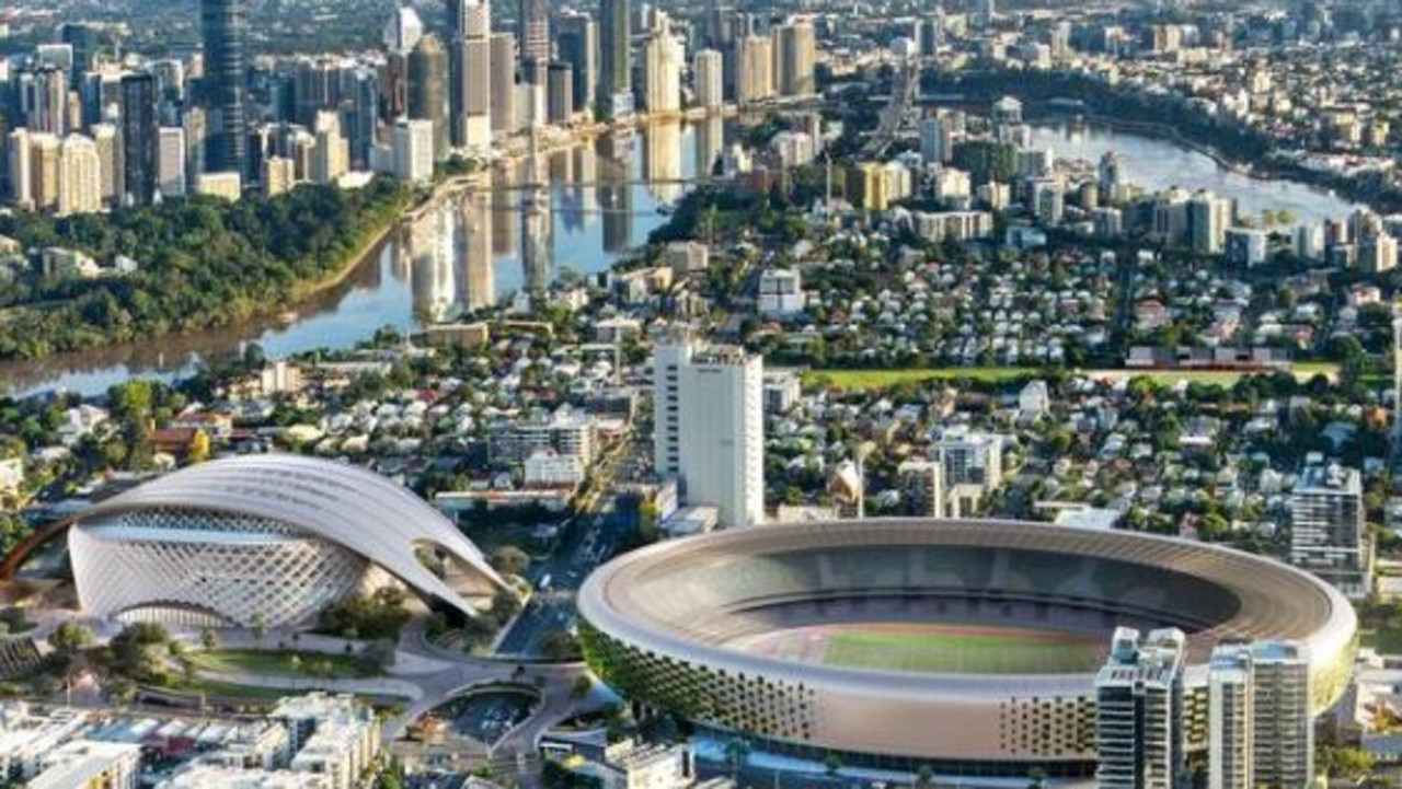 The preferred site for Brisbane Arena is believed to be the Cross River Rail hub opposite the Gabba, seen here in an artist’s impression.