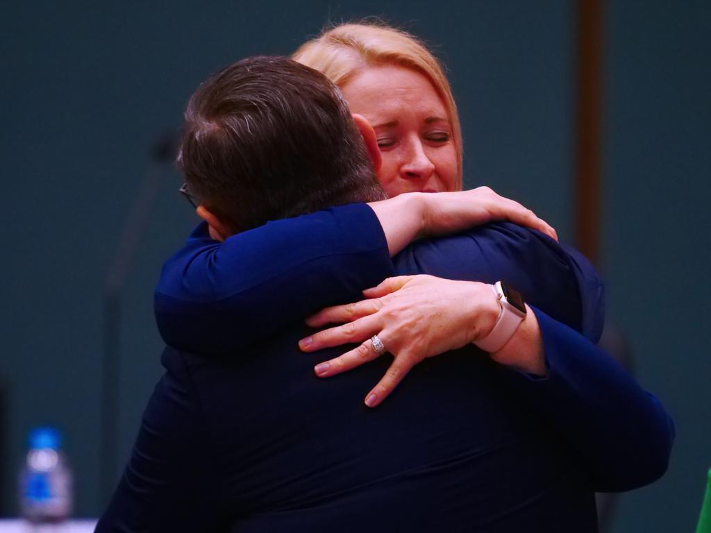 Acting Chief Minister Nicole Manison cried as she hugged exiting Chief Minister Michael Gunner. Picture: Amanda Parkinson