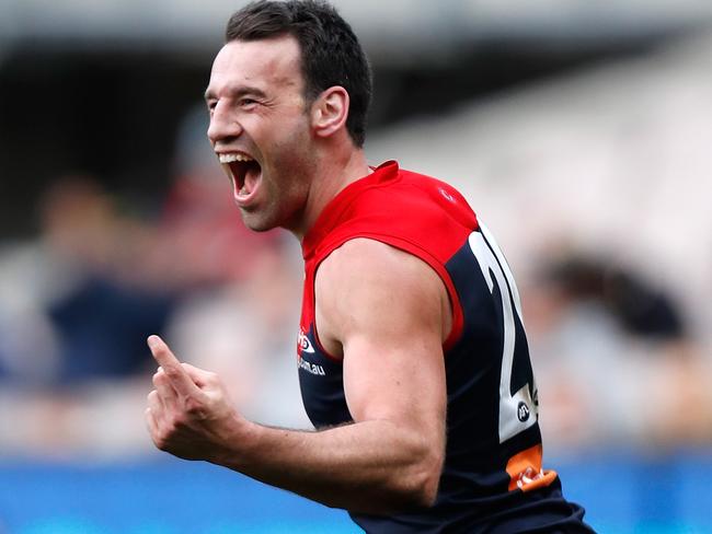 Cameron Pedersen celebrates a goal for the Demons in 2017.