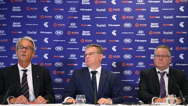 FFA chief executive David Gallop, chairman Chris Nikou and head of leagues Greg O'Rourke. Picture: AAP Image/Dan Himbrechts