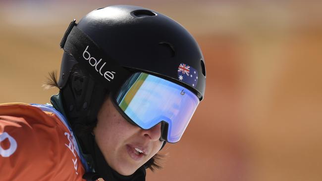 Belle Brockhoff of Australia crosses the finish line in the quarter final round of the Women's Snowboard Cross at Phoenix Snow Park, during the PyeongChang 2018 Winter Olympic Games, in PyeongChang, South Korea, Friday, February 16, 2018. (AAP Image/Dan Himbrechts) NO ARCHIVING, EDITORIAL USE ONLY