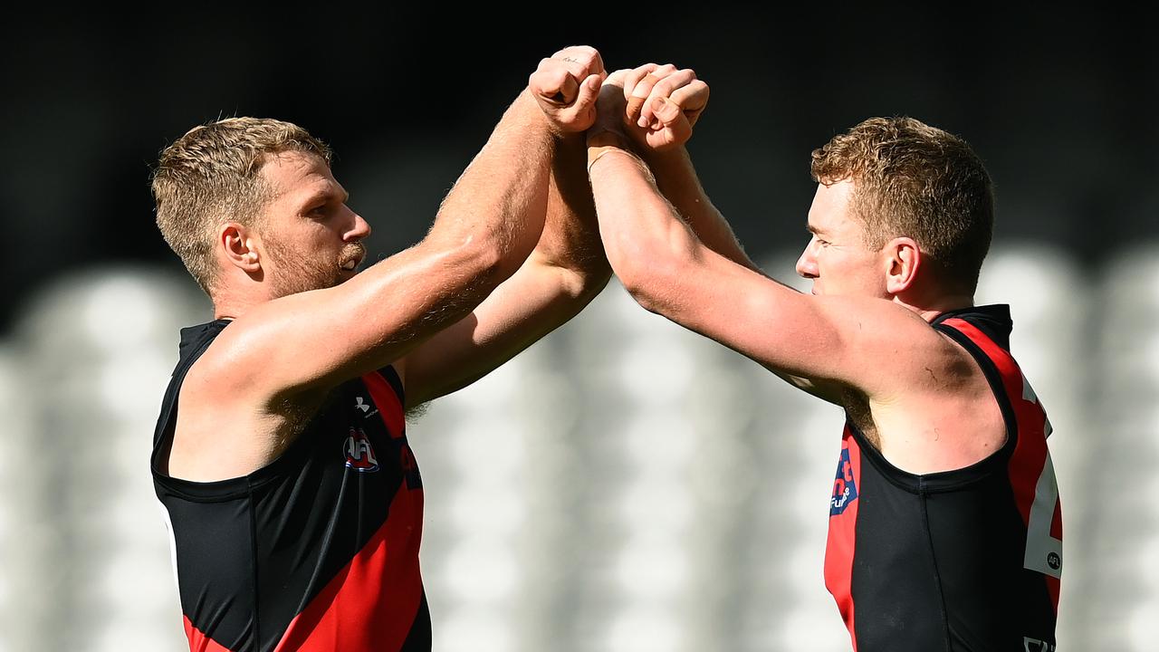 Jake Stringer and Jacob Townsend of the Bombers in Round 1. Picture: Quinn Rooney