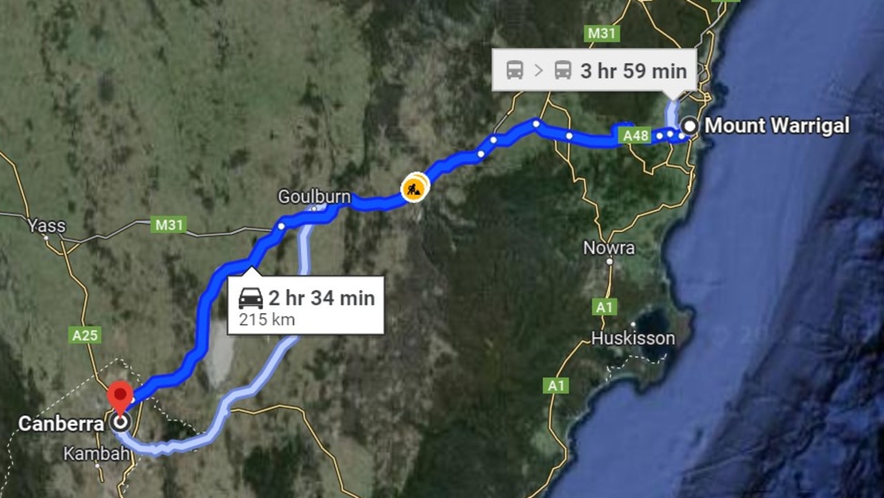 The commute from Mount Warrigal in the Illawarra to the nation's capital is about 215km. Picture: Google Maps