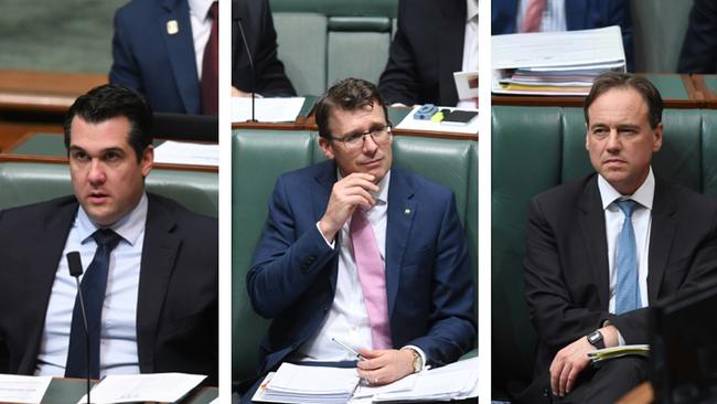 Ministers, from left, Michael Sukkar, Alan Tudge and Greg Hunt could have faced immense problems for their future careers if they had been charged with contempt of court. Picture: AAP