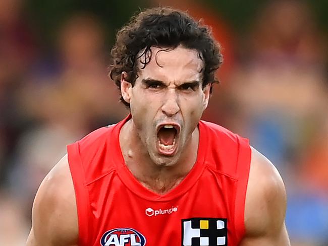 GOLD COAST, AUSTRALIA - JULY 29: Ben King of the Suns celebrates kicking a goal during the round 20 AFL match between Gold Coast Suns and Brisbane Lions at Heritage Bank Stadium, on July 29, 2023, in Gold Coast, Australia. (Photo by Albert Perez/AFL Photos via Getty Images)