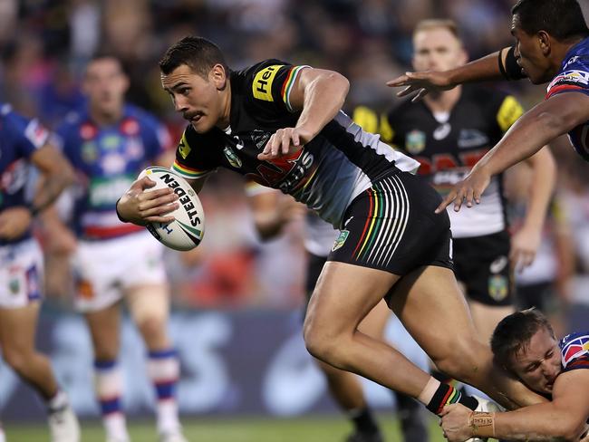 SYDNEY, AUSTRALIA - MARCH 24: Reagan Campbell-Gillard of the Panthers is tackled during the round four NRL match between the Penrith Panthers and the Newcastle Knights at Pepper Stadium on March 24, 2017 in Sydney, Australia.  (Photo by Mark Kolbe/Getty Images)