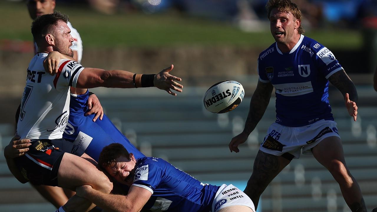 Angus Crichton offloads the ball during the Roosters’ NSW Cup clash with Newtown at Henson Park. Picture: Getty Images