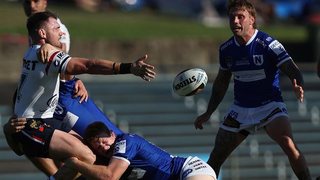 Angus Crichton offloads the ball during the Roosters’ NSW Cup clash with Newtown at Henson Park. Picture: Getty Images