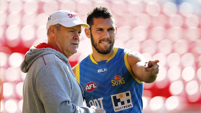 Rodney Eade and Harley Bennell talk at Gold Coast Suns training in 2015. Picture: Jerad Williams