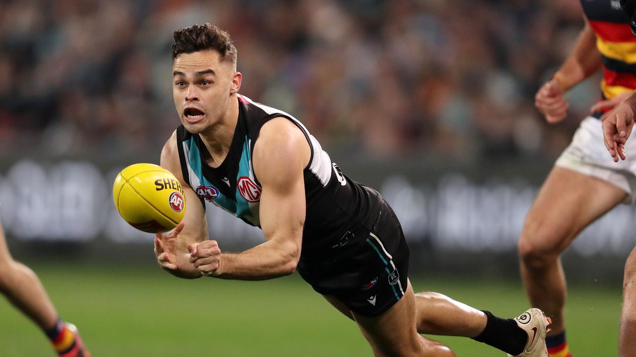 Port Adelaide wingman Karl Amon has nominated Hawthorn as his club of choice ahead of this year’s free agency period. Picture: Sarah Reed/AFL Photos via Getty Images