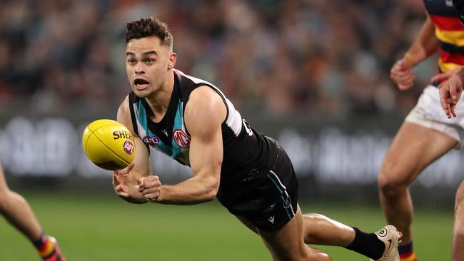 Port Adelaide wingman Karl Amon has nominated Hawthorn as his club of choice ahead of this year’s free agency period. Picture: Sarah Reed/AFL Photos via Getty Images