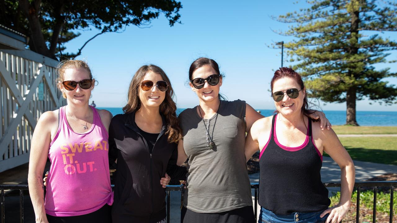 School holiday fun at Scarborough Beach Park. Emma Damer, Hannah Boulton, Chrissy Taylor and Michele Griffin, of Clontarf. Picture: Dominika Lis