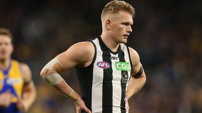 Adam Treloar reacts to Collingwood’s loss to West Coast. Picture: Getty Images