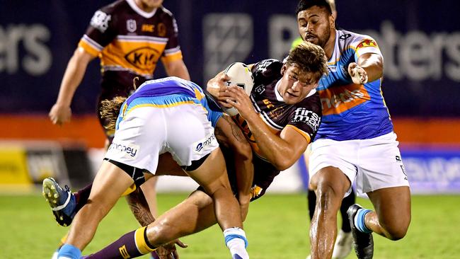 Carrigan led the Broncos in the trial against the Titans. Photo: Bradley Kanaris/Getty Images