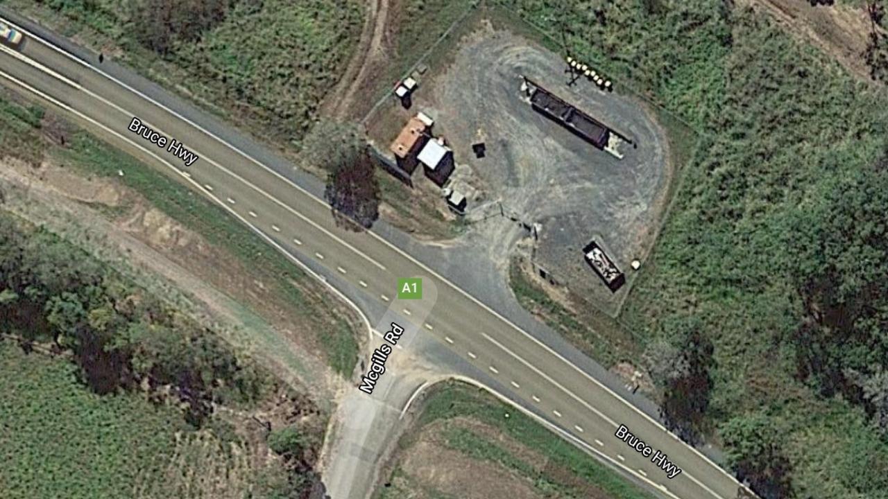 An aerial view of McGills Rd and the Kuttabul Transfer Station before two new turning right lanes were built as part of a $39 million upgrade of the Bruce Highway. Picture: Mapdata 2021