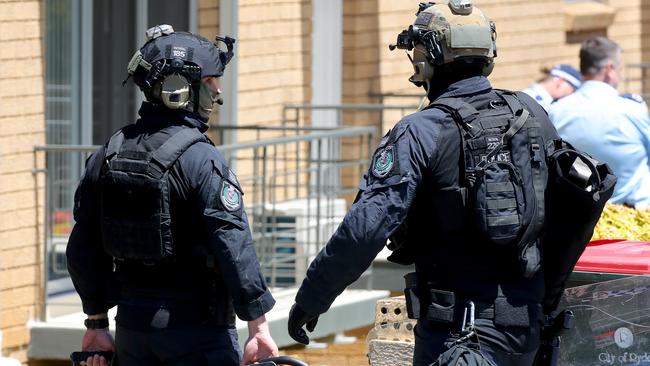 Police and tactical response officers on duty after a NSW police officer was assaulted in Gladesville in November. Picture: Toby Zerna