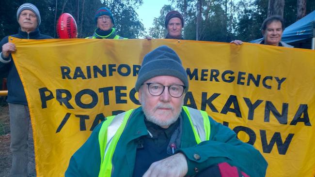 Former Tasmanian Greens politician Paul “Basil” O’Halloran, centre, and four of his university friends joined the Bob Brown Foundation's protests against mining company MMG’s plans to establish a new tailings dam in the Tarkine. Picture: Supplied