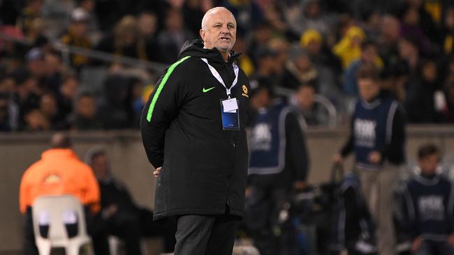 Olyroos coach Graham Arnold: ‘The conditions are very taxing and no doubt there will be more changes for the Bahrain game.’ Picture: AAP
