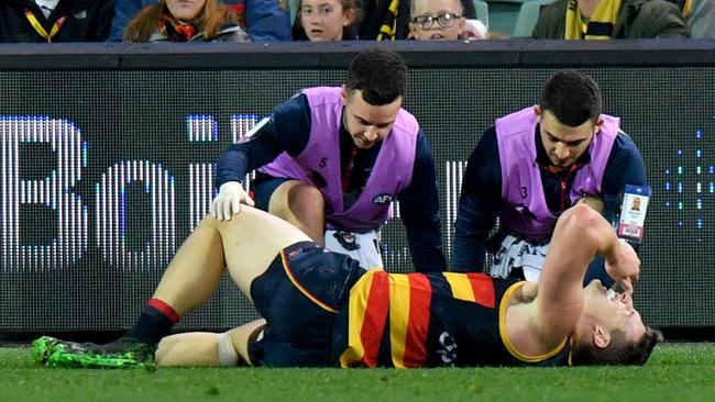 Josh Jenkins in agony at Adelaide Oval on Thursday night. Picture: AAP Image/Sam Wundke